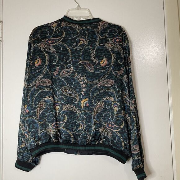 NWOT Johnny Was Workshop Twilight Shadow Reversible Silk Green Bomber Jacket MED - Picture 4 of 8